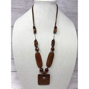 Vintage Boho Island Wood Beaded Pendant Necklace